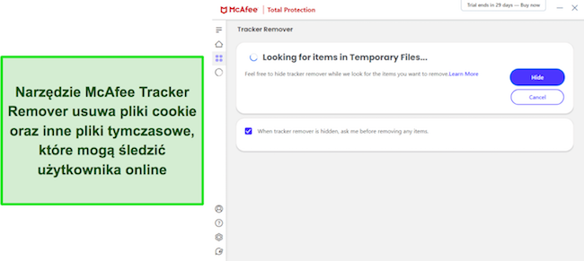 Zrzut ekranu przedstawiający narzędzie McAfee's Tracker Remover wyszukujące pliki tymczasowe
