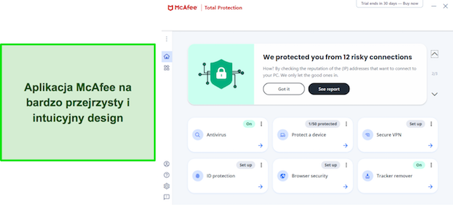 Zrzut ekranu przedstawiający pulpitowy interfejs McAfee