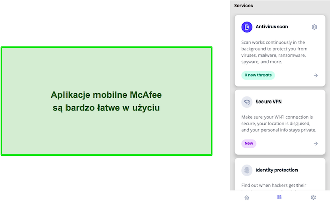 Zrzut ekranu przedstawiający mobilny interfejs McAfee