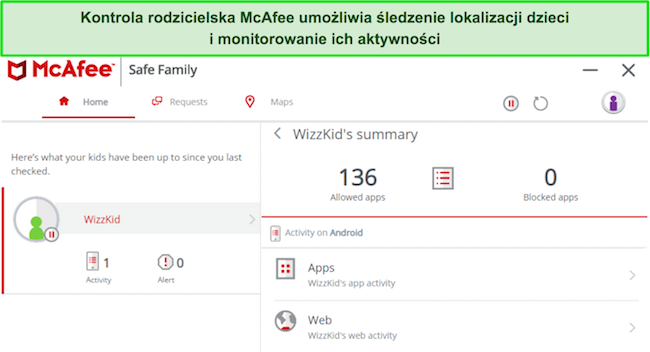 Zrzut ekranu przedstawiający kontrolę rodzicielską McAfee