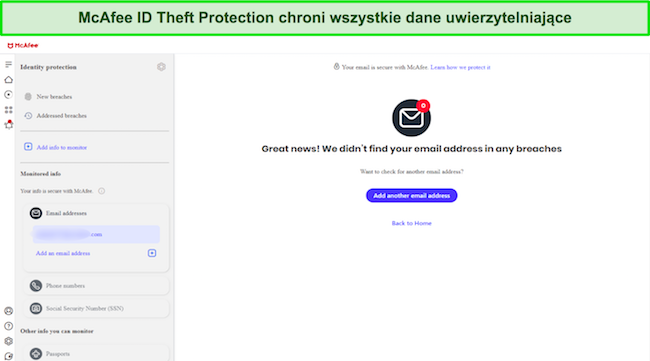 Zrzut ekranu przedstawiający interfejs Identity Theft Protection firmy McAfee