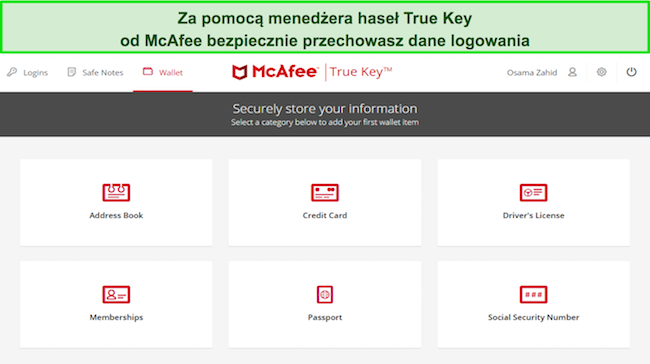 Zrzut ekranu przedstawiający interfejs programu McAfee True Key Password Manager