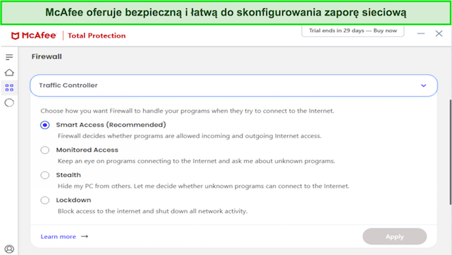 Zrzut ekranu przedstawiający opcje dostosowywania zapory firmy McAfee