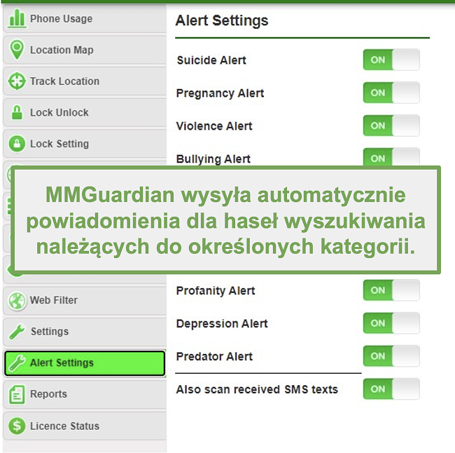 Zrzut ekranu przedstawiający MMGuardian, który automatycznie wysyła alerty dotyczące słów kluczowych opartych na kategoriach