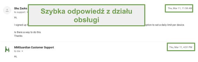 Zrzut ekranu przedstawiający szybką odpowiedź działu obsługi klienta