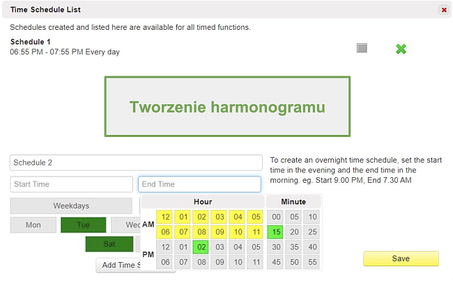 Zrzut ekranu z listą harmonogramów