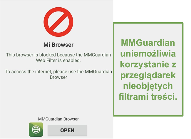 Zrzut ekranu z MMGuardian uniemożliwiający otwieranie przeglądarek bez filtra