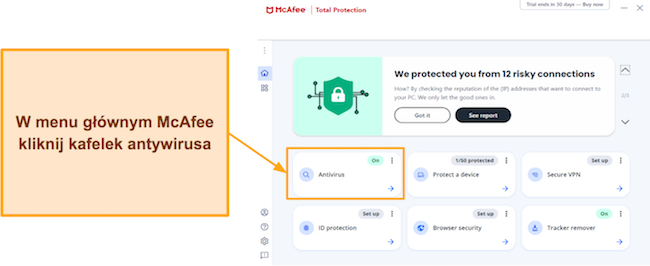 Zrzut ekranu pokazujący, jak uzyskać dostęp do sekcji skanowania w programie McAfee