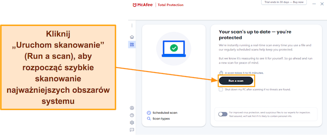 Zrzut ekranu pokazujący, jak uruchomić Szybkie skanowanie McAfee