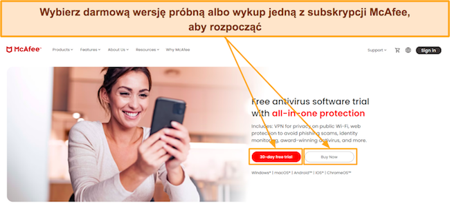 Zrzut ekranu przedstawiający witrynę firmy McAfee z opcją bezpłatnej wersji próbnej lub opcji Kup teraz