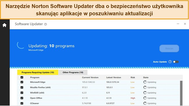 Zrzut ekranu przedstawiający Aktualizator oprogramowania firmy Norton aktualizujący 10 programów w celu ochrony przed lukami w zabezpieczeniach aplikacji.