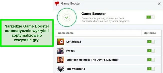 Zrzut ekranu funkcji Game Booster BullGuard z listą automatycznie zoptymalizowanych gier