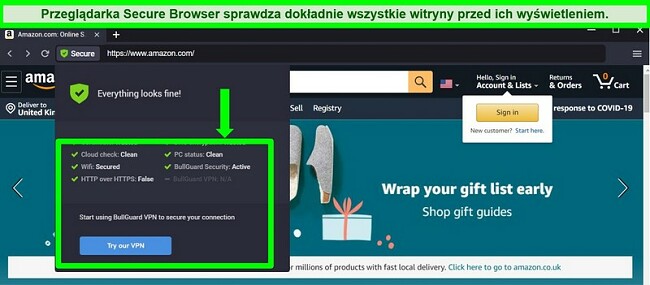 Zrzut ekranu przeglądarki BullGuard's Secure Browser pokazujący wszystkie kontrole bezpieczeństwa.