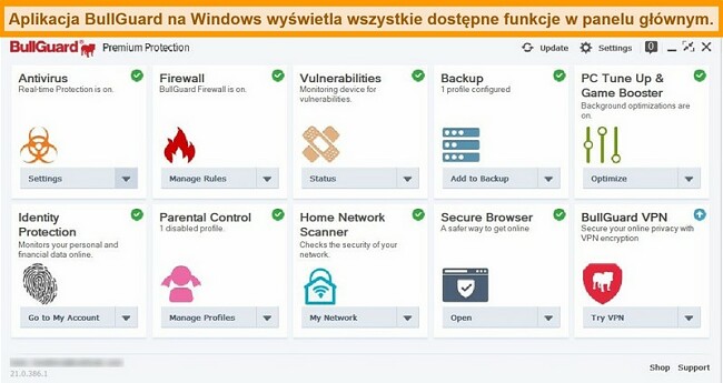 Zrzut ekranu głównego interfejsu BullGuard, który pojawia się w systemie Windows.