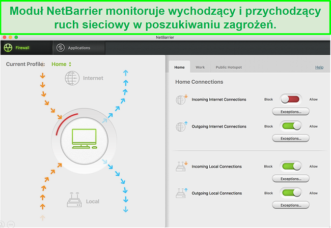 Zrzut ekranu interfejsu użytkownika Intego NetBarrier chroniącego przychodzący i wychodzący ruch sieciowy
