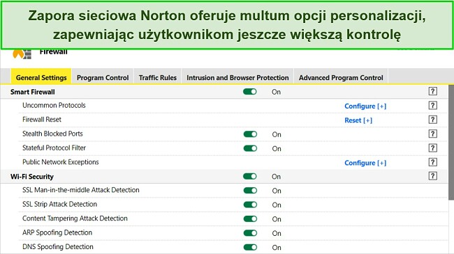 Zrzut ekranu przedstawiający ustawienia zapory sieciowej Norton przedstawiające wysoki poziom możliwości dostosowywania.