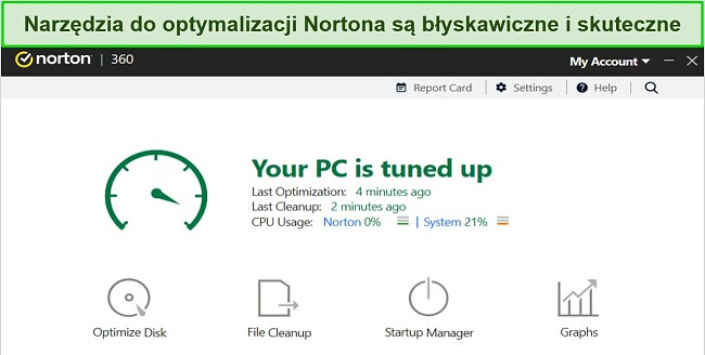 Zrzut ekranu narzędzi optymalizacyjnych Nortona.