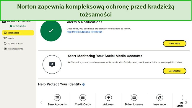 Zrzut ekranu przedstawiający pulpit nawigacyjny ochrony przed kradzieżą tożsamości programu Norton.