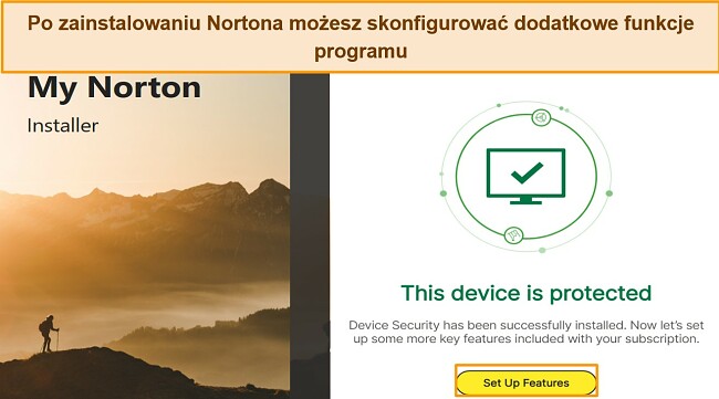 Zrzut ekranu przedstawiający interfejs programu Norton po zakończeniu instalacji, z wyróżnieniem skupiającym się na przycisku „Konfiguruj funkcje”.