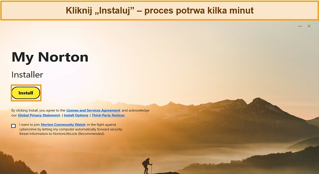 Zrzut ekranu przedstawiający ekran instalacyjny programu Norton z podświetlonym przyciskiem instalacji.