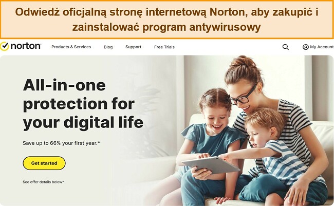 Zrzut ekranu oficjalnej strony głównej witryny Norton.