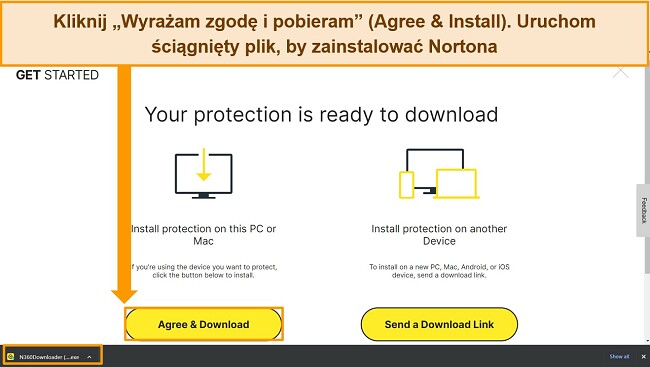 Zrzut ekranu strony internetowej Zgadzam się i pobierz program Norton z zaznaczonym plikiem instalacyjnym.