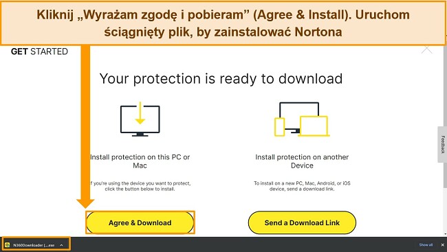 Zrzut ekranu strony internetowej Zgadzam się i pobierz program Norton z zaznaczonym plikiem instalacyjnym.