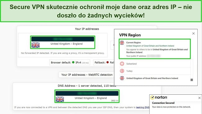 Zrzut ekranu przedstawiający bezpieczną sieć VPN firmy Norton połączoną z serwerem w Wielkiej Brytanii, z wynikami testu szczelności IP, który nie wykazał żadnych wycieków danych.