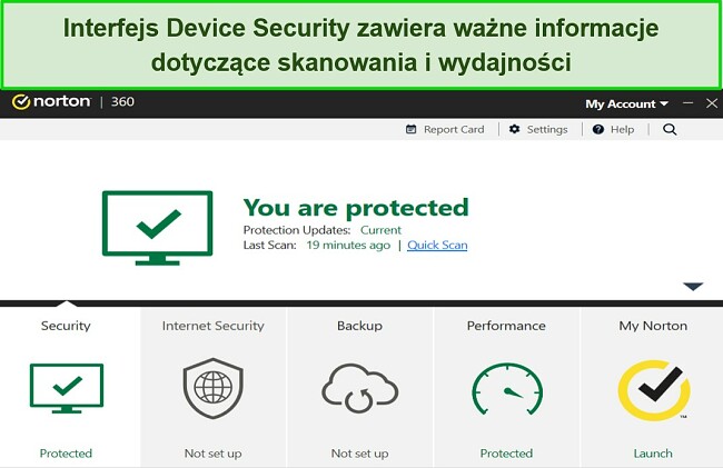 Zrzut ekranu przedstawiający pulpit nawigacyjny urządzenia Norton Security dla systemu Windows.