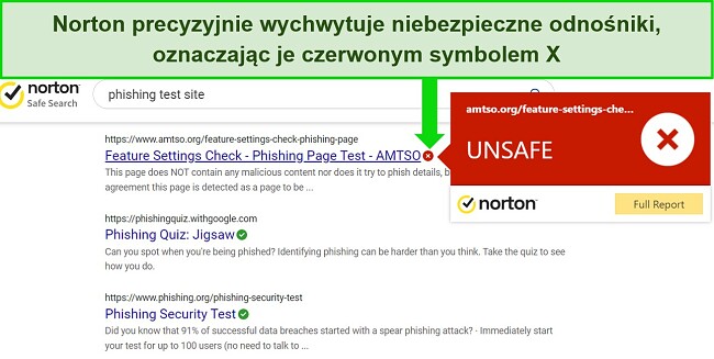 Zrzut ekranu przedstawiający rozszerzenie przeglądarki Norton Safe Search dokładnie wykrywające bezpieczne i niebezpieczne adresy URL