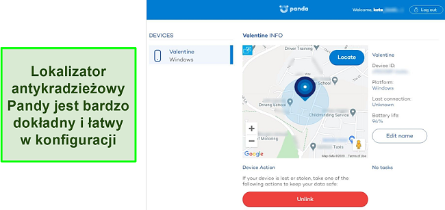 Zrzut ekranu narzędzia Panda Anti-Theft lokalizatora wykrywającego dokładną lokalizację chronionego urządzenia