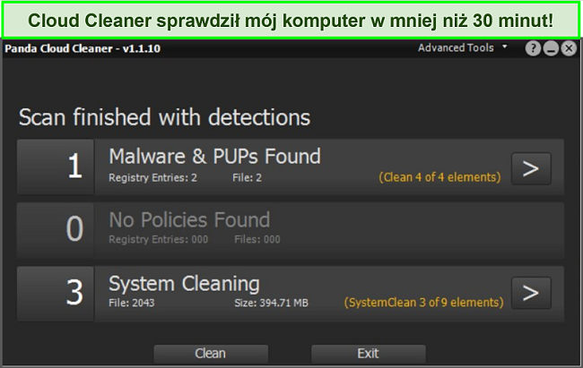 Zrzut ekranu przedstawiający funkcję Cloud Cleaner Pandy z zakończonym skanowaniem