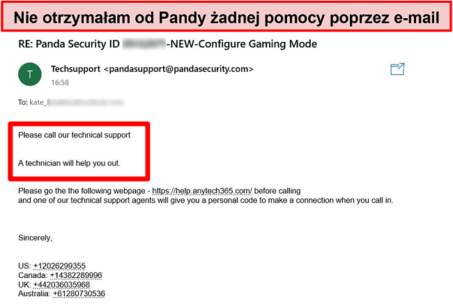 Zrzut ekranu wiadomości e-mail otrzymanej od działu pomocy technicznej Panda