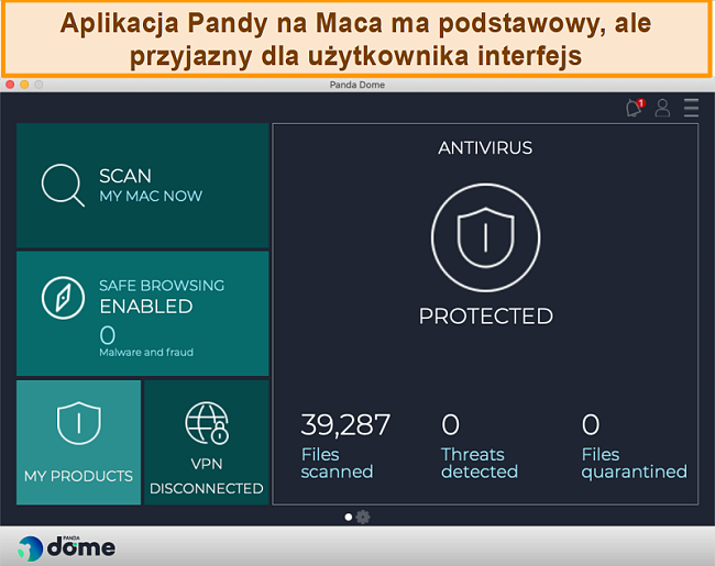 Zrzut ekranu interfejsu aplikacji Panda na komputerze Mac