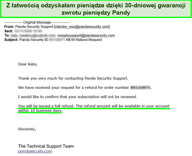 Wiadomość e-mail pokazująca pełny zwrot pieniędzy zatwierdzony przez program antywirusowy Panda z 30-dniową gwarancją zwrotu pieniędzy