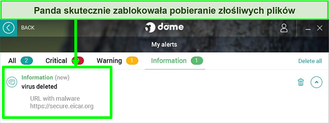 Zrzut ekranu sekcji „Moje alerty” Pandy z podświetlonym alertem informacyjnym.