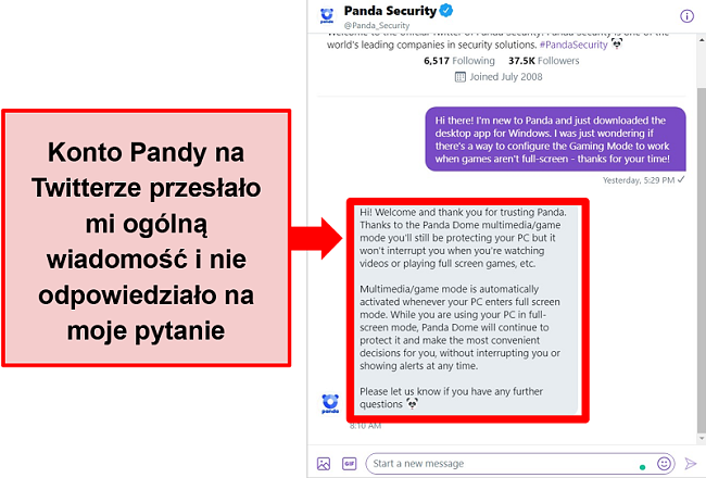 Zrzut ekranu przedstawiający odpowiedź Pandy na Twitterze na konkretne pytanie konfiguracyjne