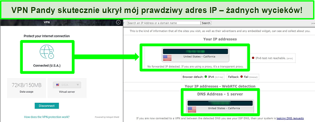 Zrzut ekranu przedstawiający połączenie VPN Pandy z serwerem w USA i wyniki testu szczelności IPLeak.net.