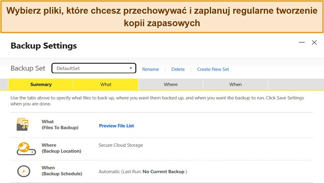 Zrzut ekranu przedstawiający funkcję ustawień kopii zapasowej programu Norton w systemie Windows.