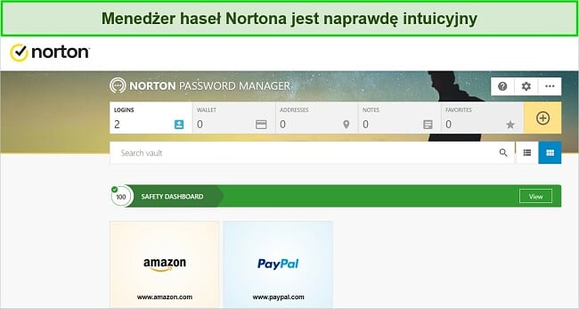 Zrzut ekranu przedstawiający funkcję menedżera haseł Nortona.