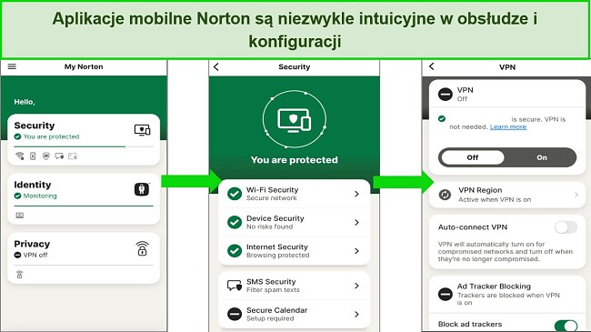 Zrzut ekranu przedstawiający aplikację Norton na iOS, pokazujący, jak przejrzysty i prosty jest interfejs, ułatwiający nawigację początkującym użytkownikom.