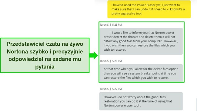 Zrzut ekranu przedstawiający agenta czatu na żywo firmy Norton odpowiadającego na pytanie dotyczące narzędzia Power Eraser.