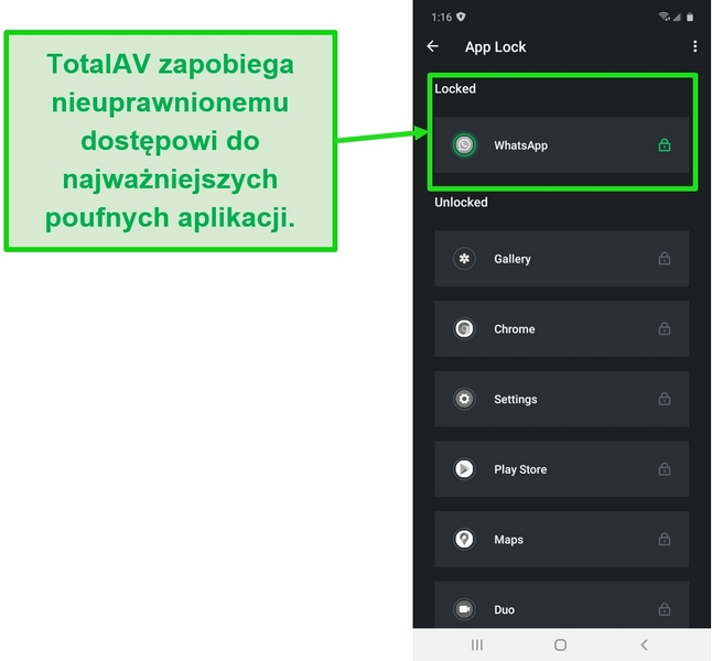 Zrzut ekranu przedstawiający funkcję blokady aplikacji w aplikacji TotalAV na Androida