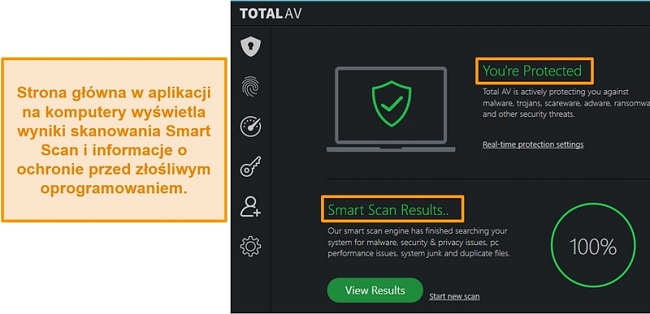 Zrzut ekranu przedstawiający stronę główną aplikacji TotalAV w systemie Windows