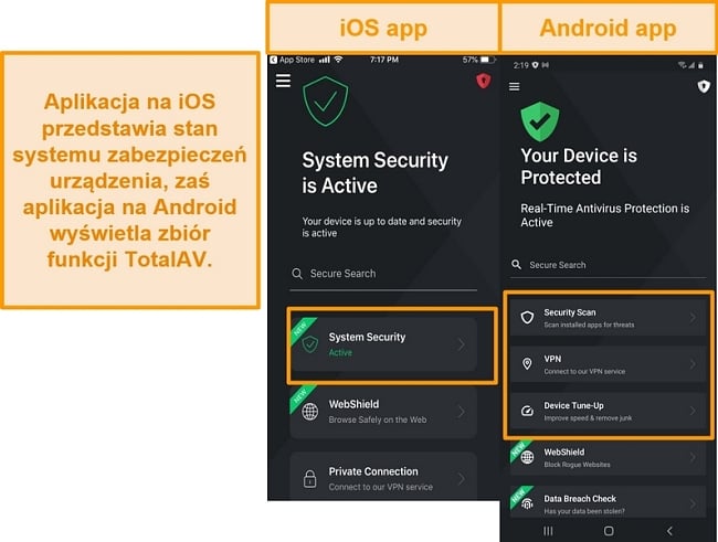 Zrzut ekranu pokazujący różnicę między aplikacjami TotalAV na iOS i Androida