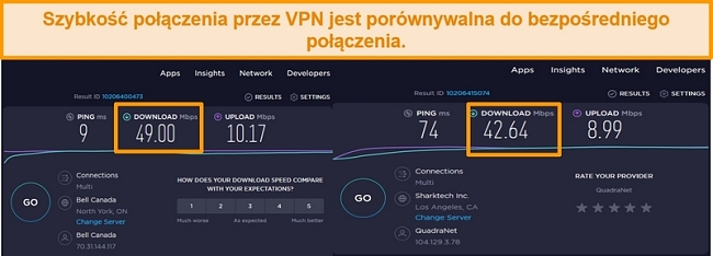 zrzut ekranu porównujący niezabezpieczone i amerykańskie prędkości połączenia VPN