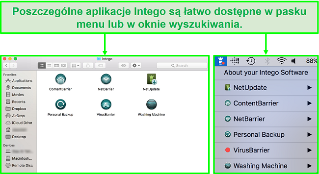 Zrzut ekranu pokazujący, jak uzyskać dostęp do różnych aplikacji Intego z okna Findera lub paska menu