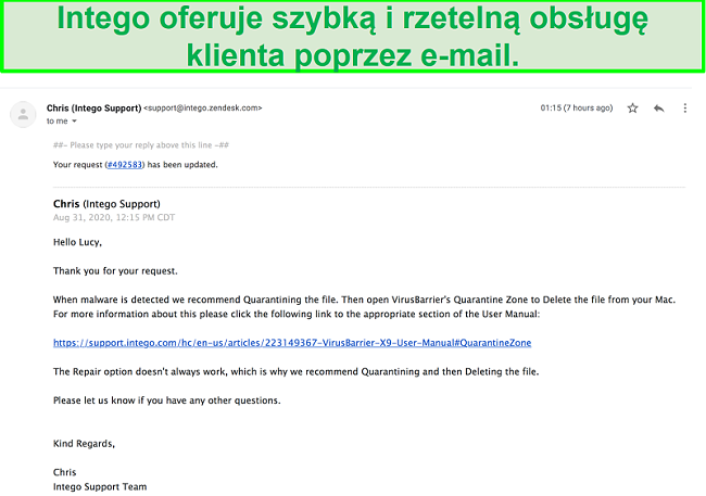 Zrzut ekranu przedstawiający szybką i pomocną konwersację e-mailową z personelem wsparcia Intego.
