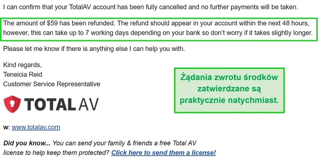 Zrzut ekranu wiadomości e-mail z potwierdzeniem zwrotu TotalAV