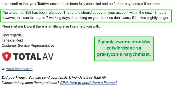 Zrzut ekranu wiadomości e-mail z potwierdzeniem zwrotu TotalAV